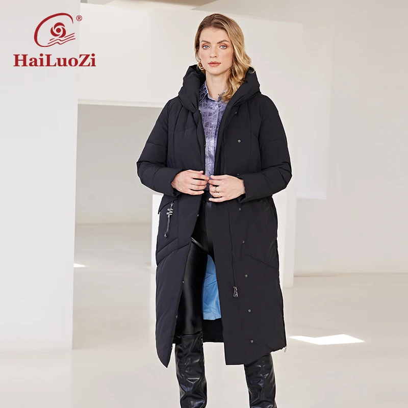 

HaiLuoZi 2022 New Women's Winter Jacket Long Warm and Thick Windproof Hooded Zipper Elegent Bio-Cotton Parkas Women Coat 6073