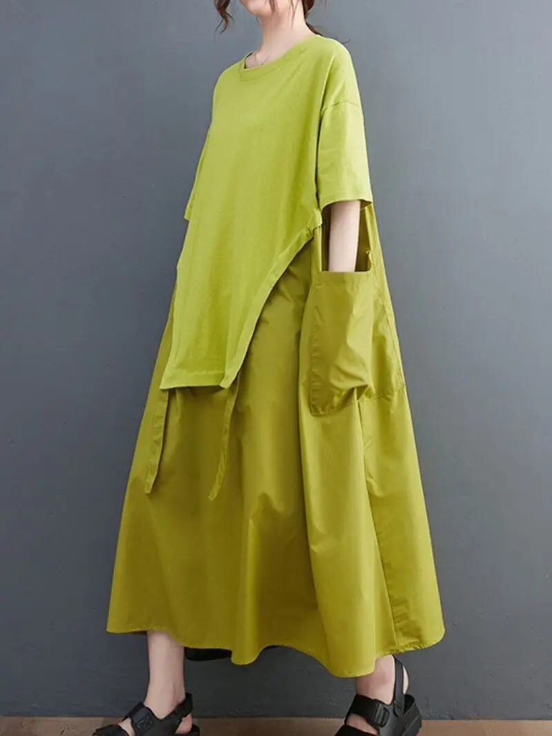 

Mid-calf Aline Casual Woman Dress Asymmetrical Splicing Dress Contrast Color Pleated Splicing Loose Casual O-neck Pullover Dress