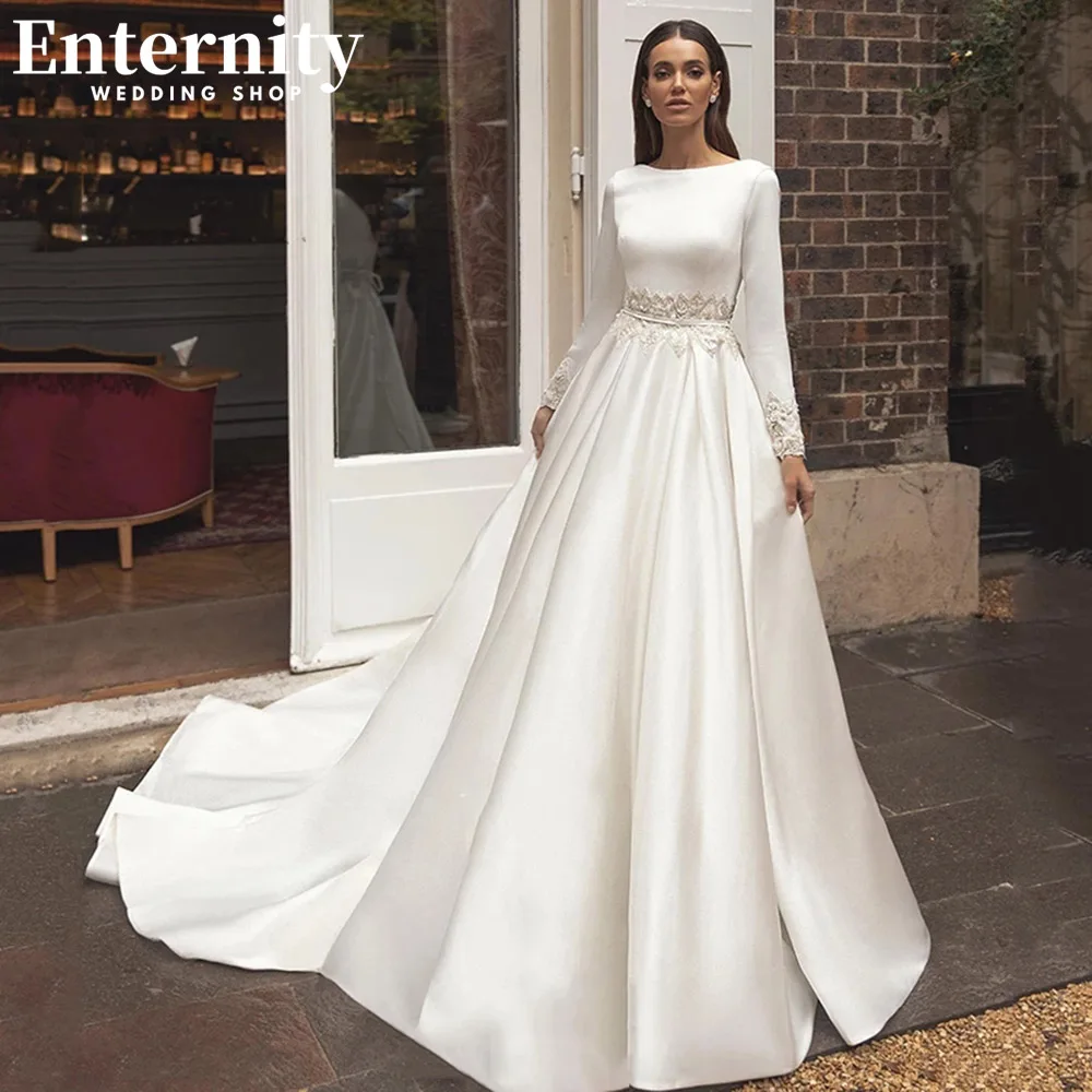 

Refined O Neck Pleats Wedding Dresses Appliques Long Sleeves Bridal Gown Zipper Back Classical Sweep Train Vestidos De Novia