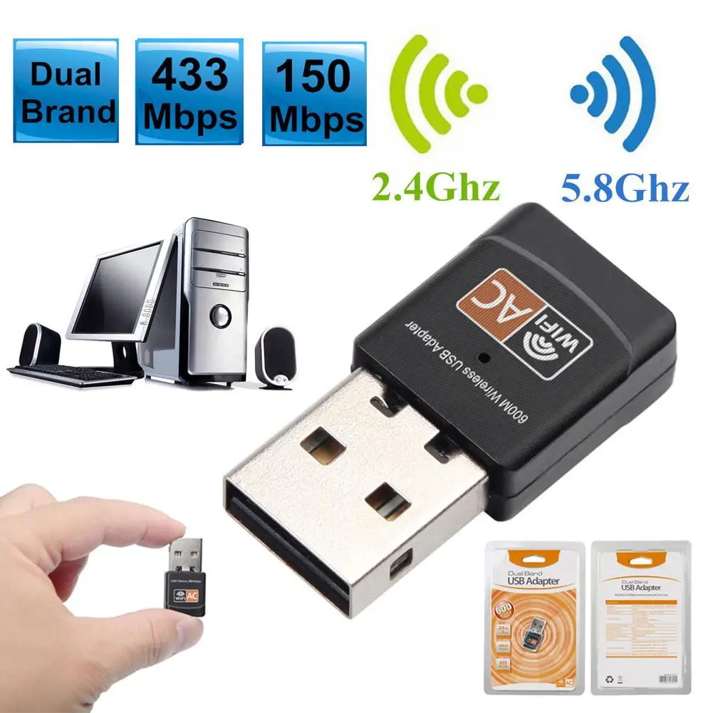 600 Мбит / с WiFi Беспроводной USB-адаптер 2,4 G и 5 ГГц Беспроводной USB-ключ USB Adaptador для Windows XP/Vista/Win7/Win8/Win10//Linux