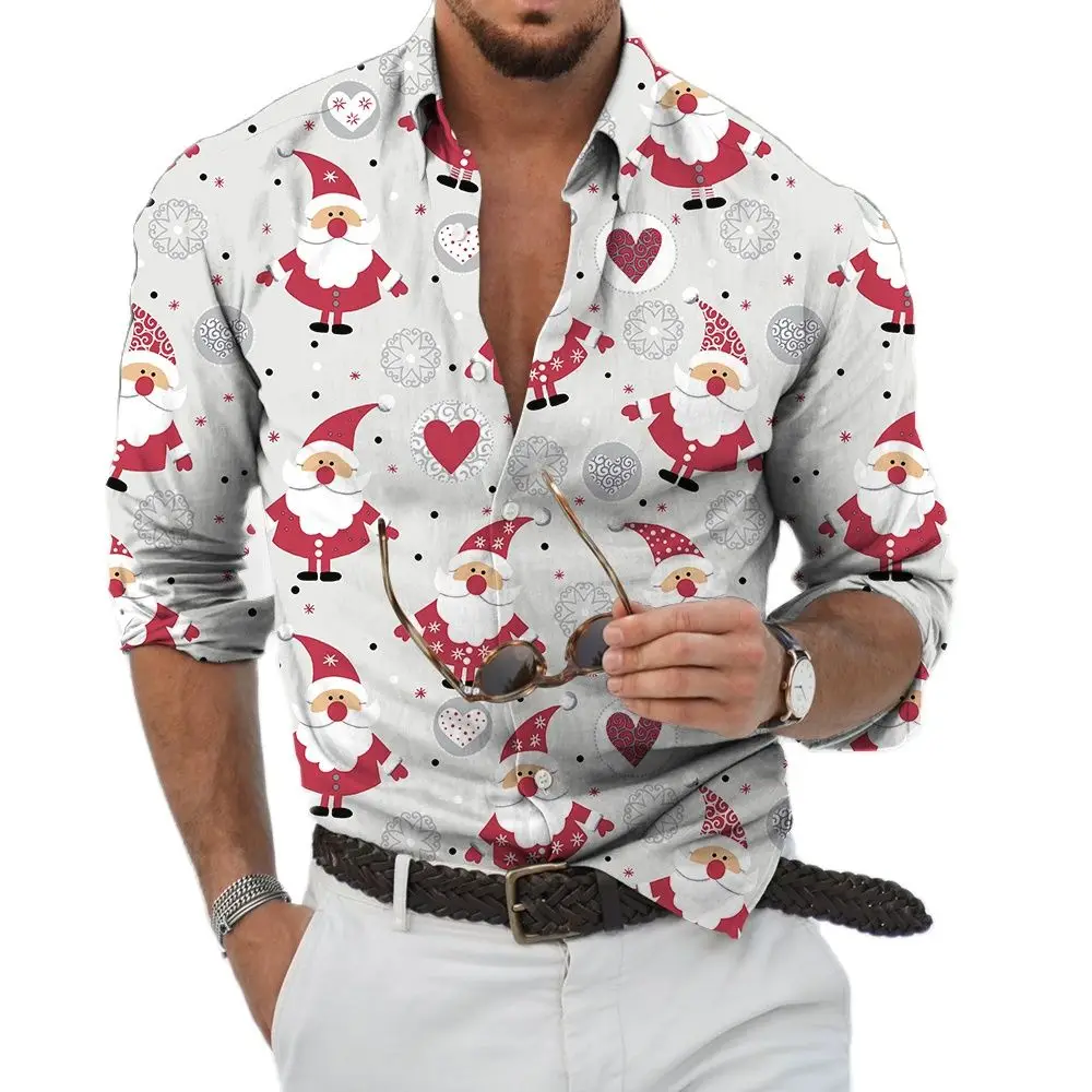 Men's long sleeved shirt Christmas shirt Banquet holiday snowflake print top Fashion cartoon Christmas men's long sleeved shirt
