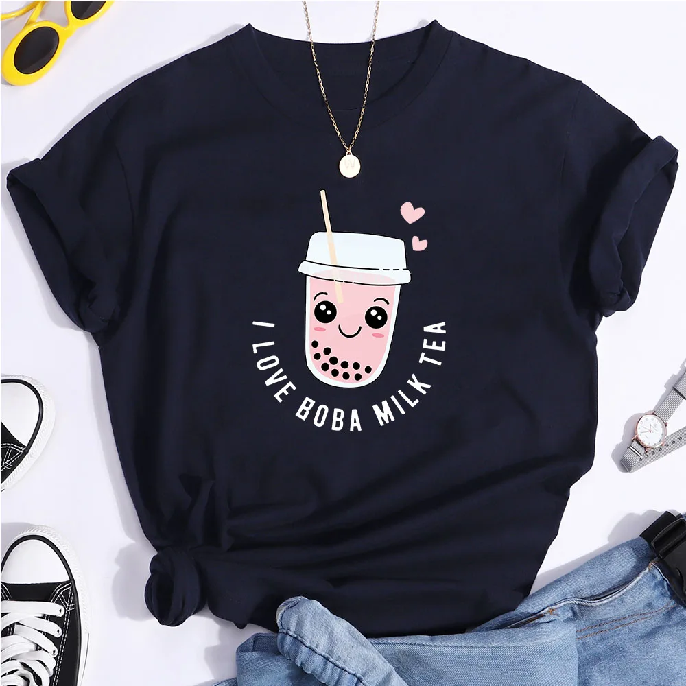 

Originality T-shirt Cartoon Pink Milky Tea Print Women Tops Summer Clothing Short Sleeve Loose Graphic футболка женская оversize