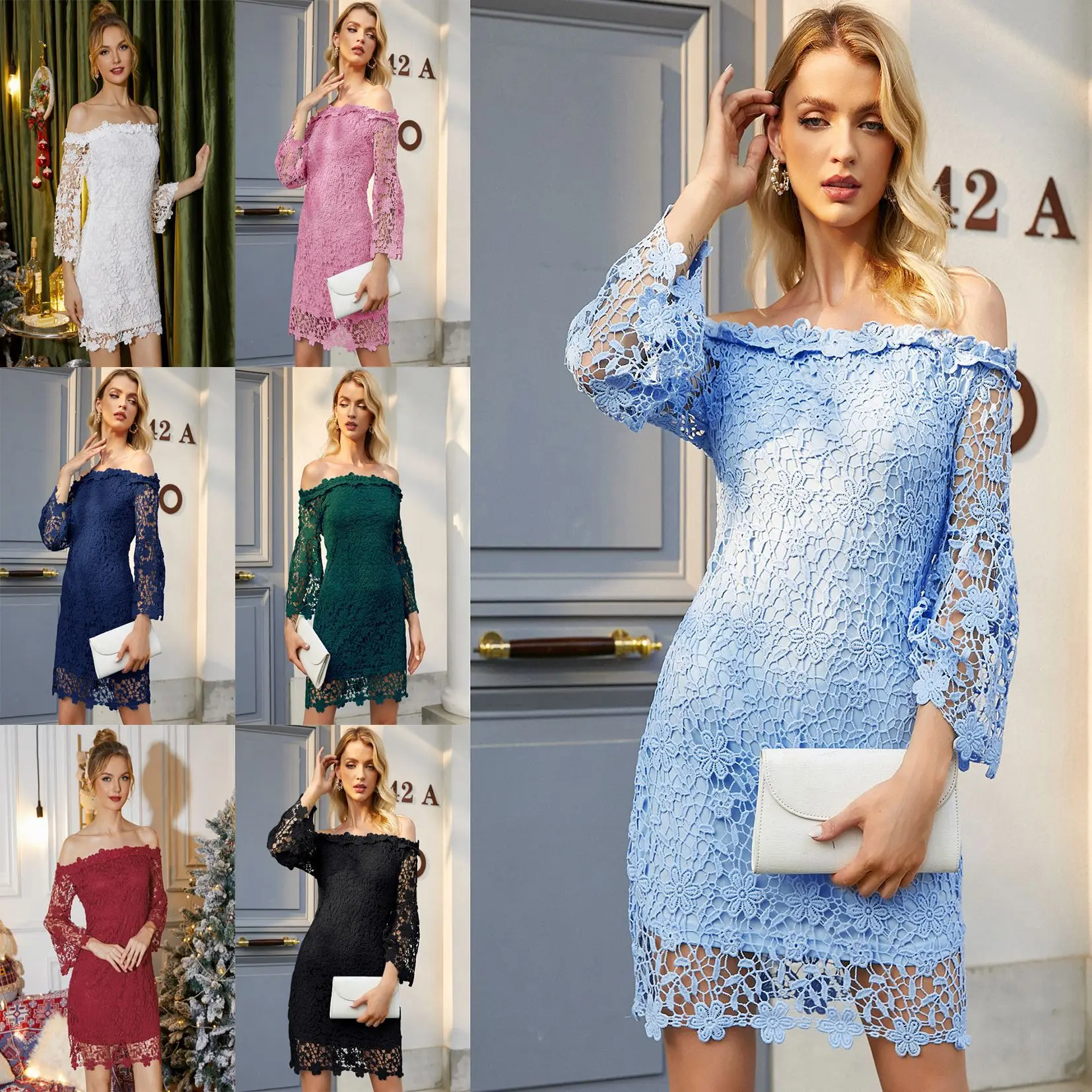 

Women Elegant Lace Mini Dress Sexy Off Shoulder Flare Sleeve Solid Party Dresses 2022 Autum Hollow Strapless Vestidos