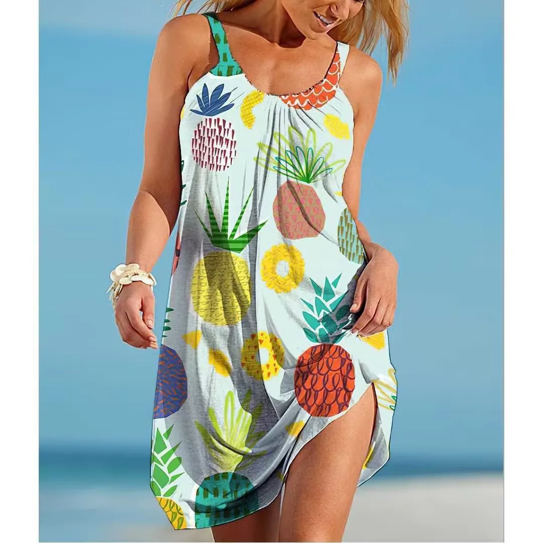 Платье в стиле бохо с тропическим принтом однотонный пляжный сарафан без рукавов