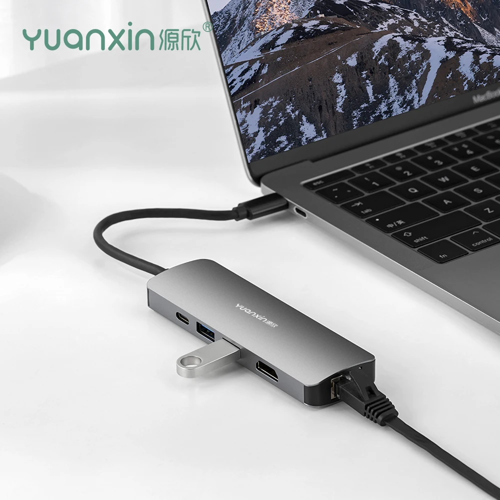 

Yuanxin Type C HUB to HDMI 4K PD 60W USB3.0 RJ45 100Mbps Ethernet Adapter Laptop Accessories Dock Station for Macbook Pro Linux