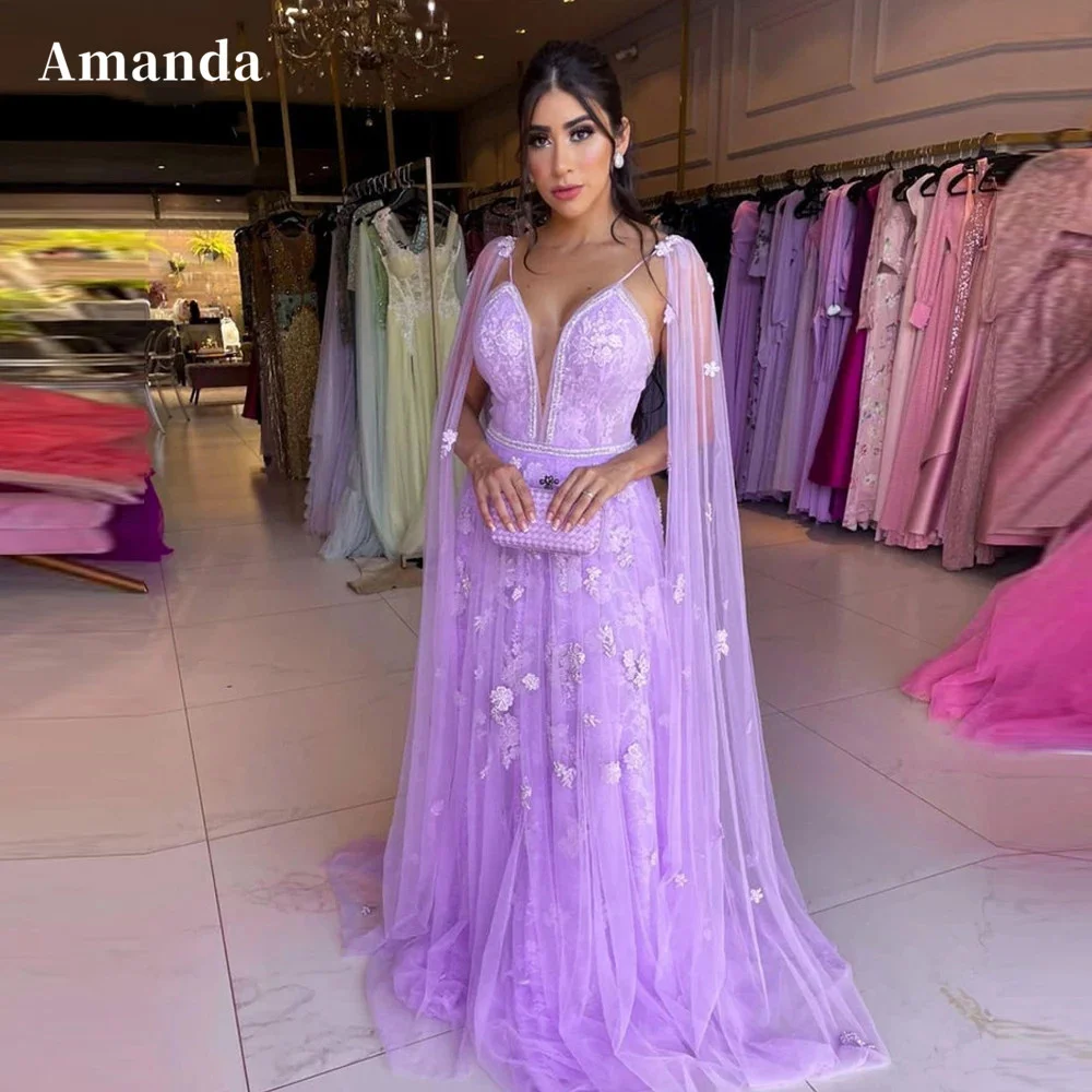 

Amanda Sexy V-neck فستان سهرة Puple Cape Prom Dress Flower Embroidery Floor Length Party Dress Sweet A-line Evening Dress