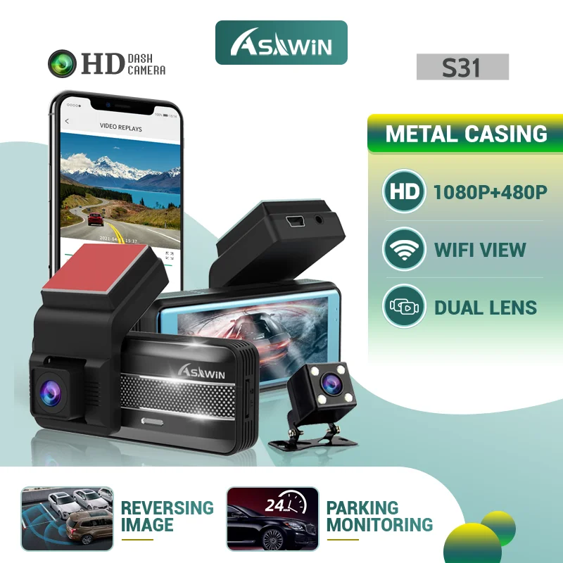 Asawin S31 WIFI Dashcam Double camera dash cam for cars app view Car DVR car Camera 3.16 IPS Full HD1080P DUAL lens Night Vision