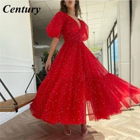 century sparkly v neck red prom dresses puff sleeves a line short evening dresses starry tulle tea length formal party dresses