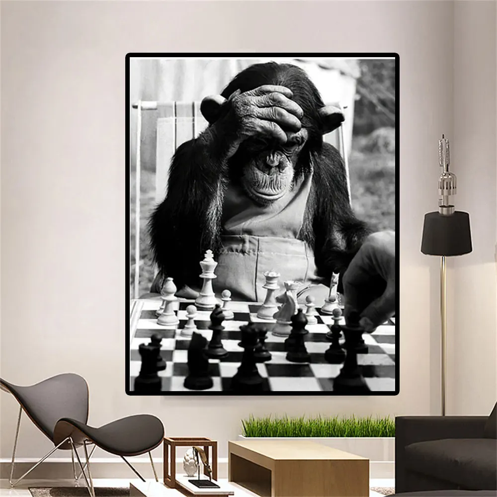 

Gorilla Who Plays Chess Prints Painting Poster Picture Black and White Retro Style, Canvas Mural Wall Art Living Room Home Decor