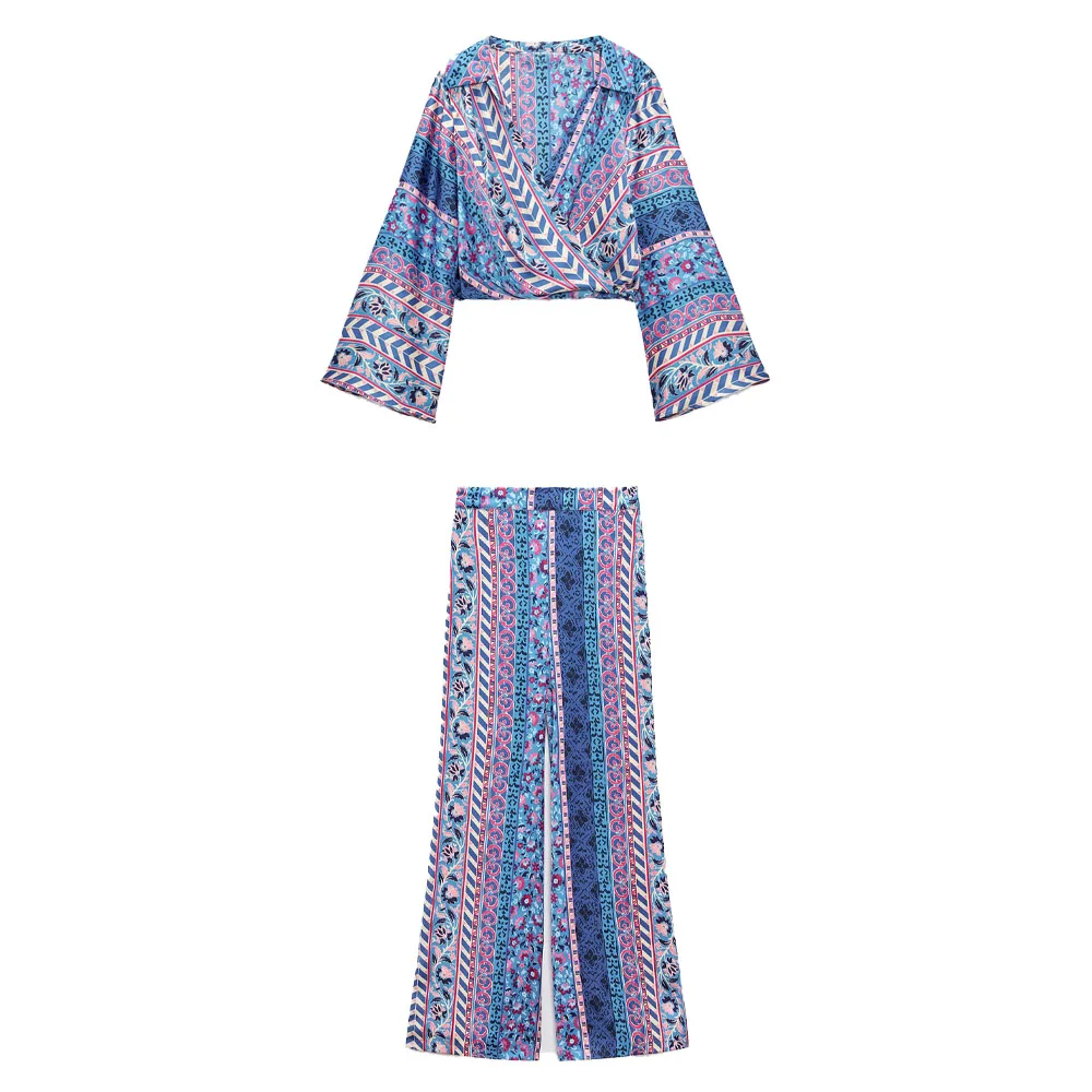 

Zach AiIsa summer new women's retro printed silk satin texture shirt + temperament high waist loose wide leg drape trousers
