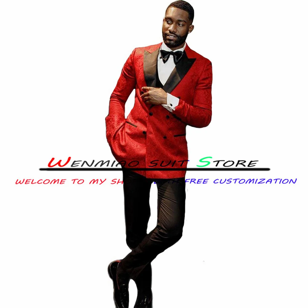 Fashion Men's Wedding Groom Tuxedo Red Jacquard Double Breasted Jacket Point Lapel Blazer Pants 2 Piece