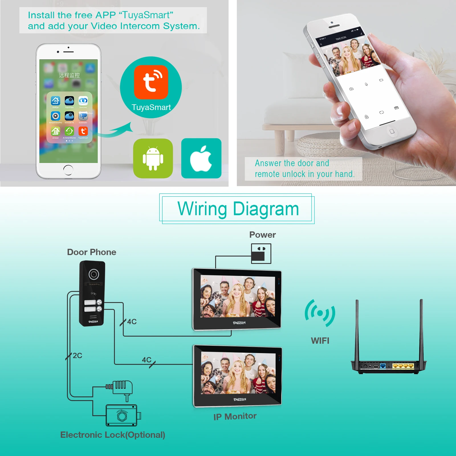 Pаспродажа Видеодомофон TMEZON с Wi-Fi, сенсорный экран 7 дюймов, 1080P, проводной дверной звонок 5 в 1, приложение/Пароль/отпечаток пальца/карта, салфетка/монито...