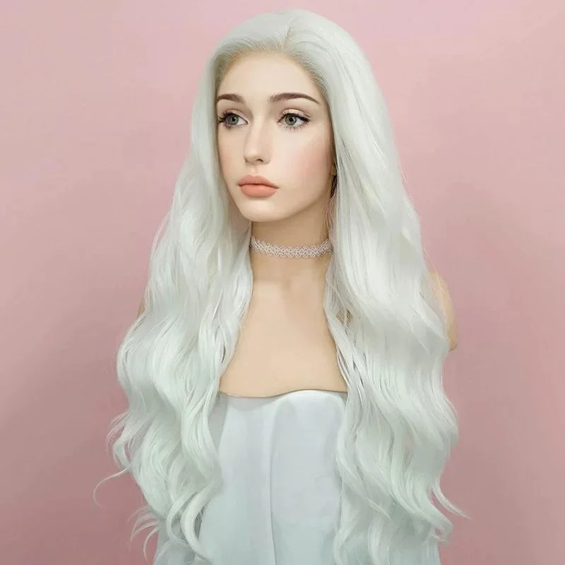 Long White Wigs Cosplay Female Heat Temperature Glueless Wavy Synthetic Lace Front Wig For Women