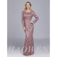 haowen evening dresses mermaid o neck full sleeve lace appliques tulle long party gown robe soiree elegant formal dress