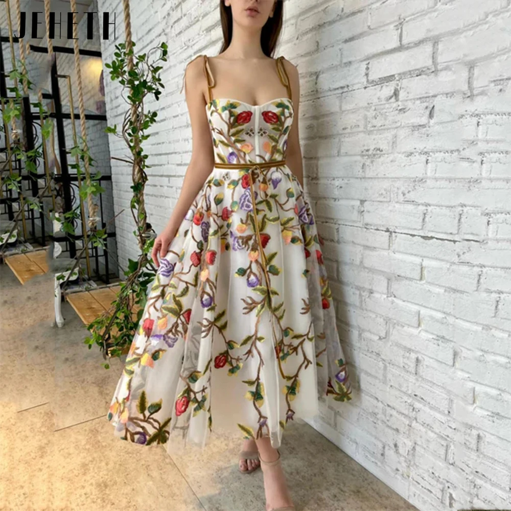 

JEHETH Elegant Floral Embroidery Tulle Prom Dress Sweetheart Spaghetti Straps A Line Evening Gown Tea Length Robes De Soirée