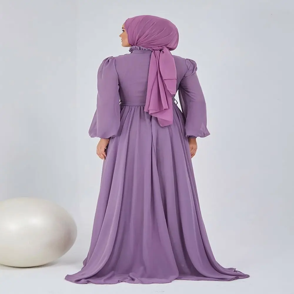 Women's Lilac Balloon Sleeve Waist Elastic Chiffon Evening Maxi Hijab Tailad Dress Dubai Robe Longue Femme Islam Caftan Muslim