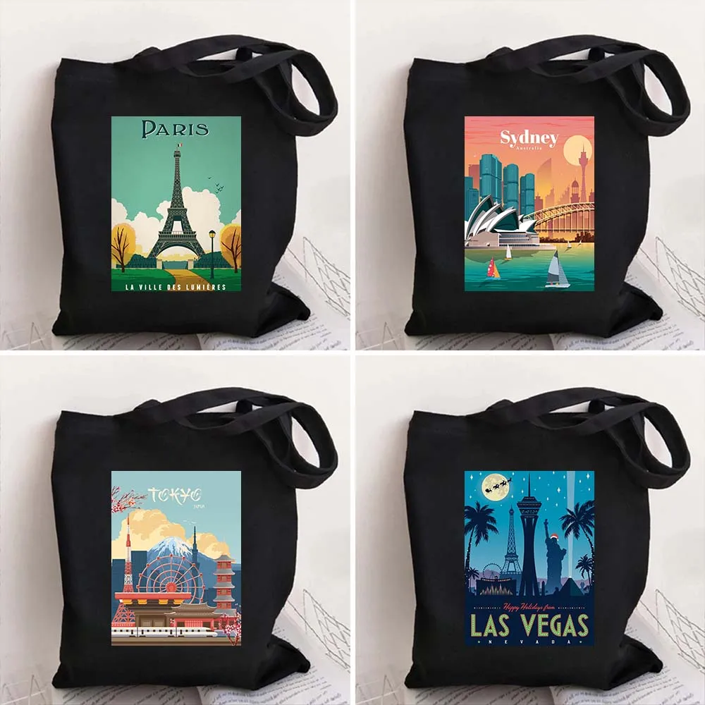 

Travel Citys Cotton Tote Bags for Women Paris Sydney Tokyo Lasvegas Large Shoulder Reusable Shoppers Shopping Handbags