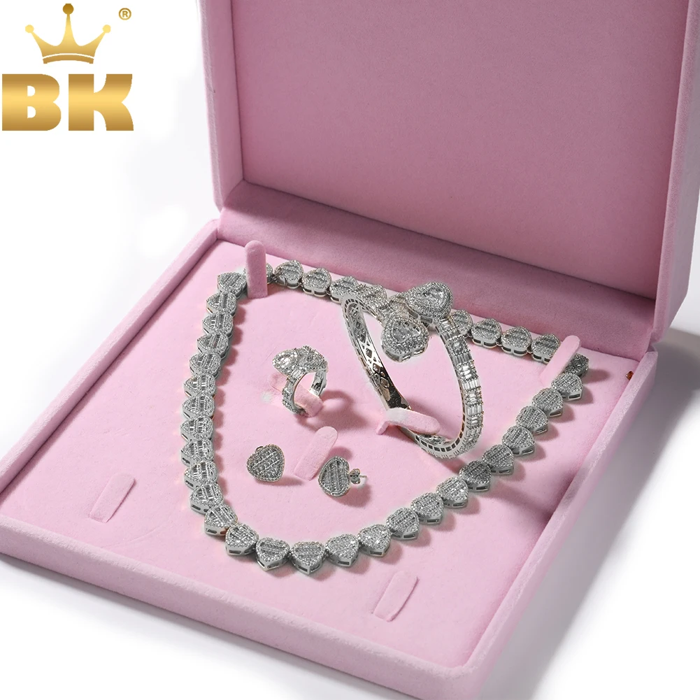 THE BLING KING Baguettecz Heart Jewelry Set Full Iced Cubic Zirconia Love Style Collections Earring Ring Necklace Jewelry Set