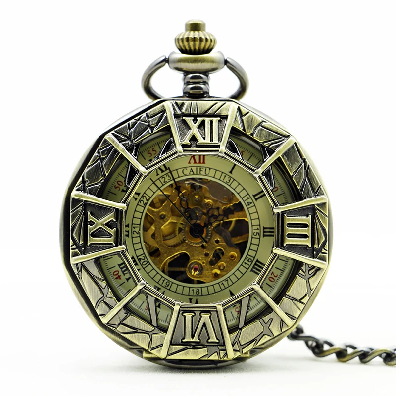 

Bronze Hollow Gear Wheel Skeleton Design Mechanical Pocket Watch Steampunk Necklace Pendant FOB Chain Clock Gifts reloj hombre