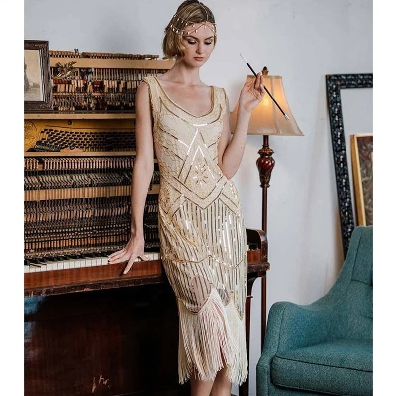 Plus Size Vintage Bridal 1920s Deco Great Gatsby Sequin Flapper Dresses with Sleeveless 20s Long Fringed Beaded Dress for Women
