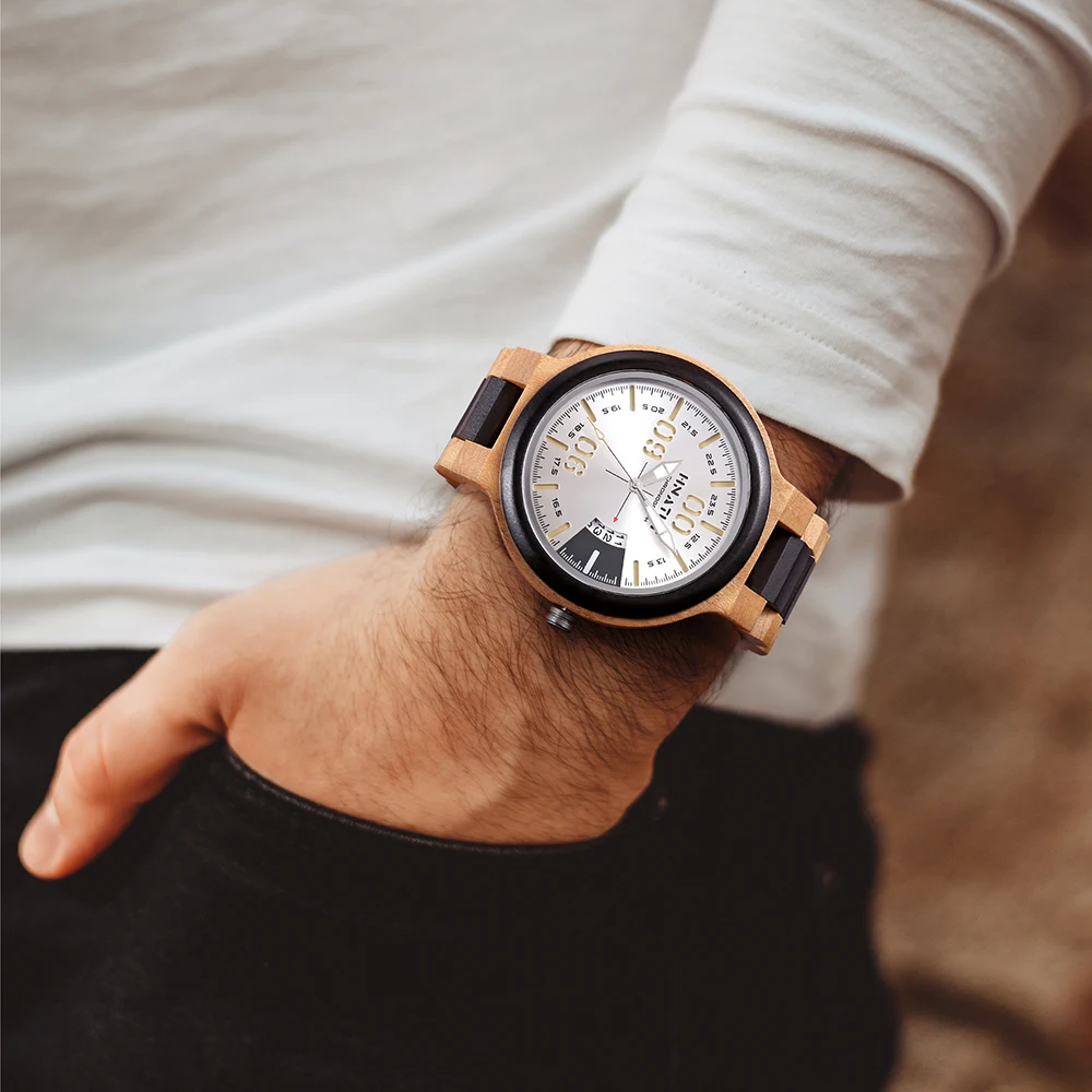

HNATUY Relogio Masculino Wood Watch Men Erkek Kol Saati Calendar display Japan Quartz Men' Watches Luxury Brand in Wood Gift Box