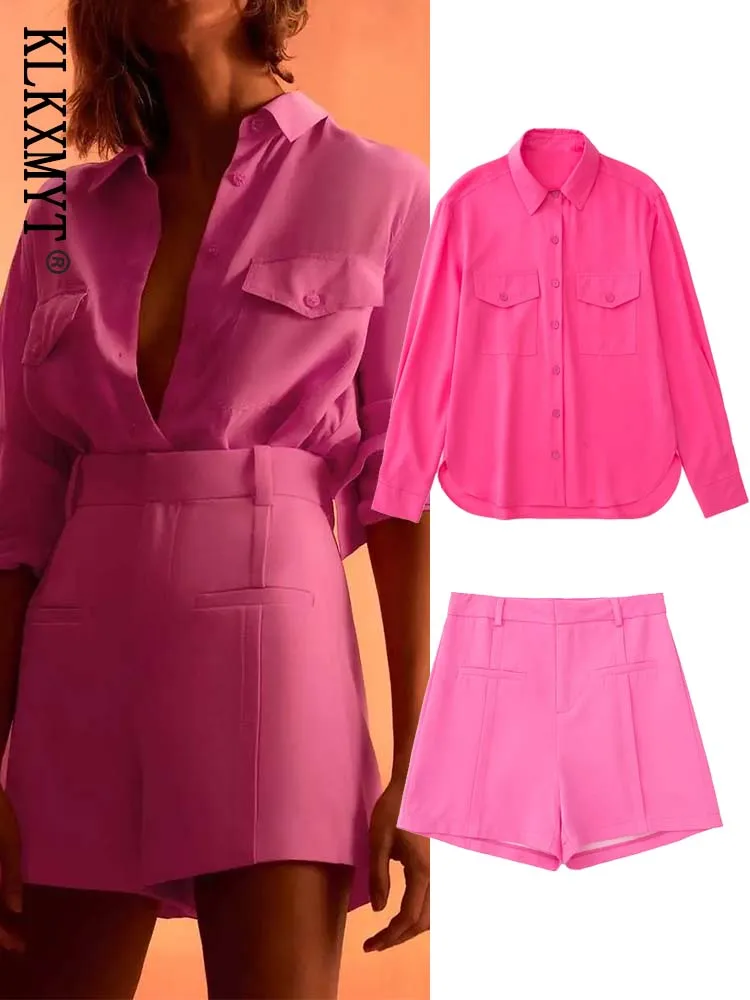 

Klkxmyt 2022 Summer Sets Woman 2 Pieces Suit Solid With Pockets Casual Shirts Tops+Casual Women Shorts Female Set Outfits