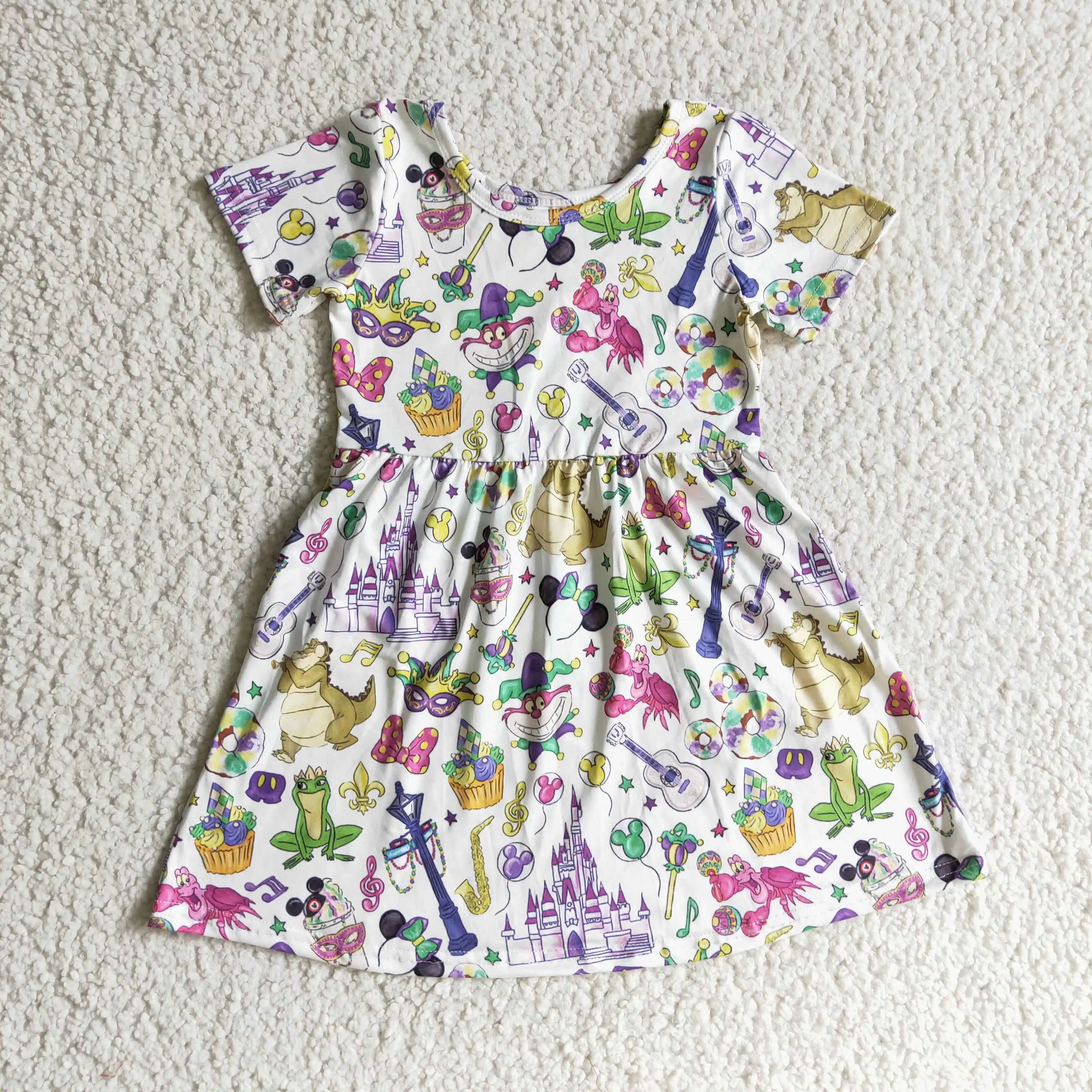 

Baby Gilrs Cartoon Mardi Gras Dress Kids Boutique Wholesale Clothing Skirts Children Short Sleeves Fashion Twirl dresses