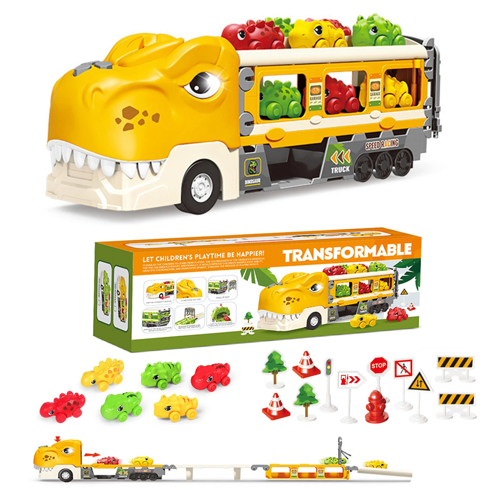 Игрушечный набор для детей с грузовиком-динозавром и гоночной трассой со