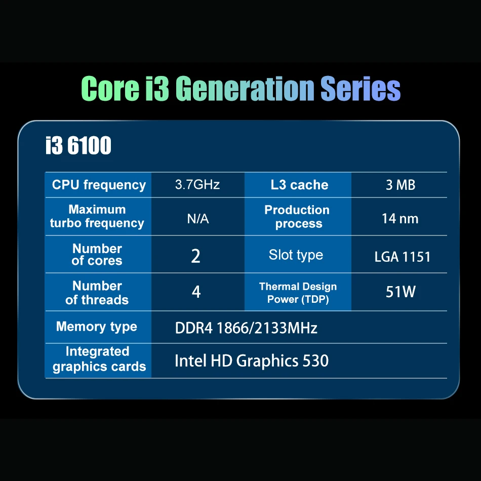 Used Original Intel Core i3 6100 Processor I3-6100 CPU 3.7GHz 3M Cache Dual-Core 51W  SR2HG LGA1151 Support  H110 Motherboard images - 6