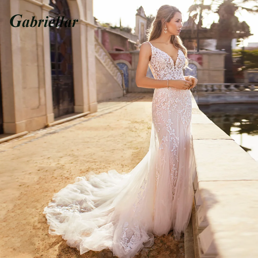 

Gabriellar Wedding Dresses Trumpet Tulle V-neck Backless Lace Appliques Spaghetti Straps 2023 Robe De Mariée Made To Order