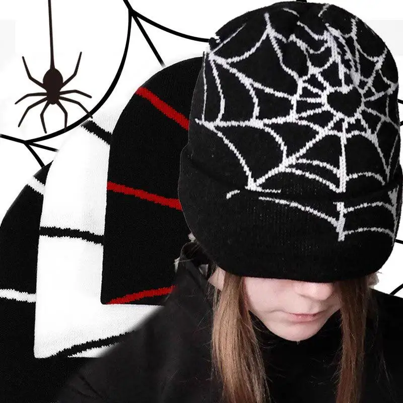

Мужская и женская вязаная шапка Goth Spider Web Y2K, винтажная мешковатая шерстяная шапка с напуском, теплая Модная шапочка в стиле хип-хоп, эластичная шикарная шапка с черепом