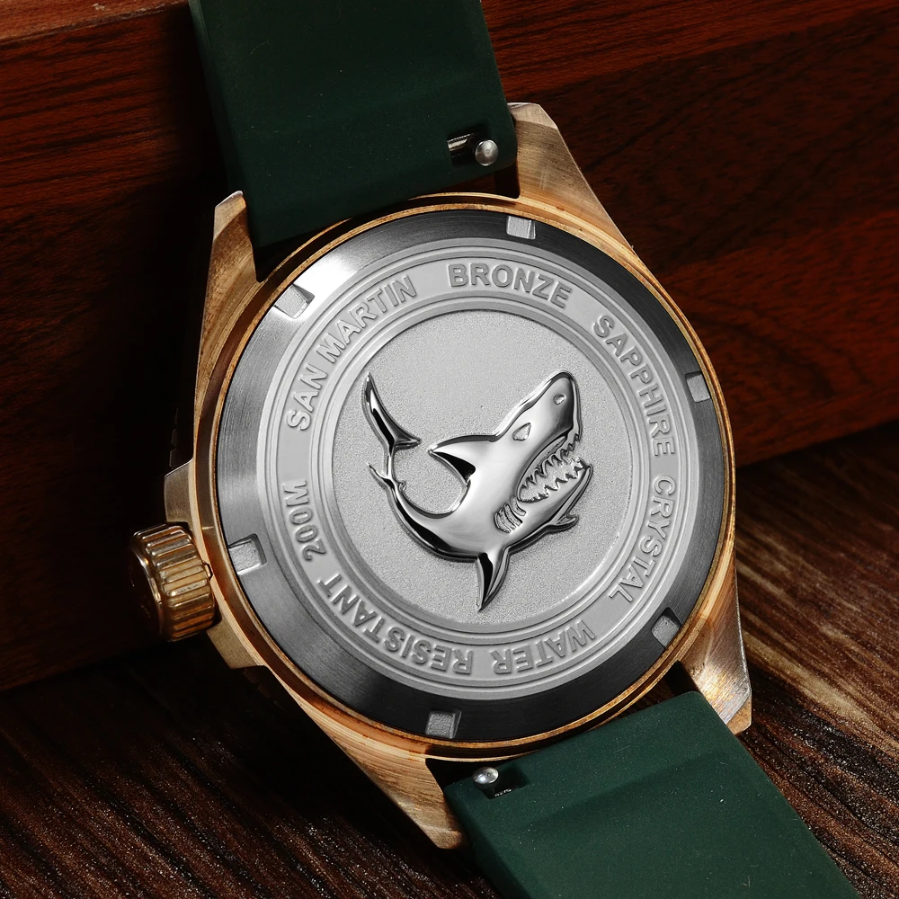 Купить Мужские механические часы San Martin Diver Bronze с автоматическим вращающимся ободком, Водонепроницаемость 200 м, светящийся циферблат