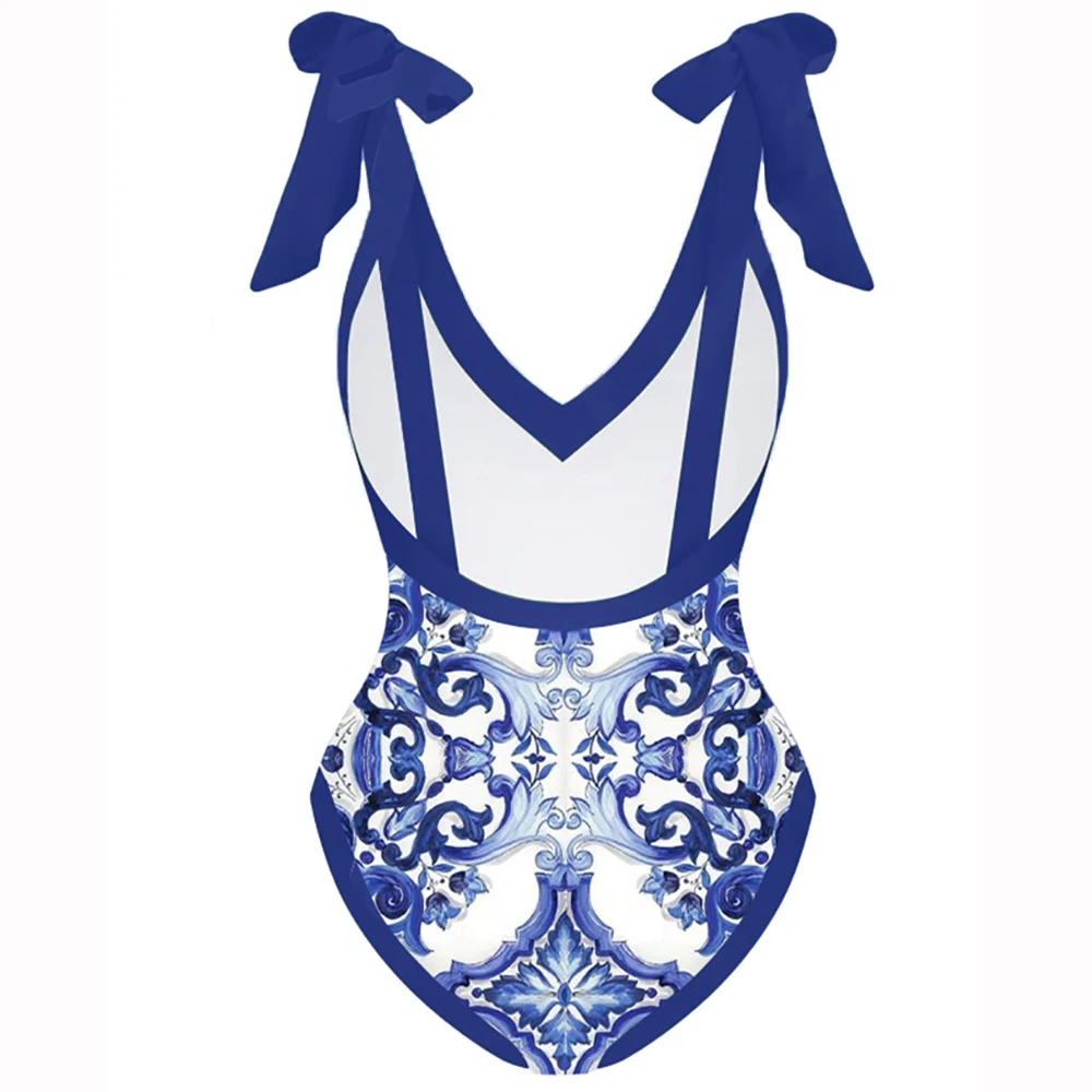 Blue Vintage Bathing Suit one-piece Swimsuit with Cover Up Fashion Printed Bikini Set Deep-v Beachwear Summer Beachwear Backless