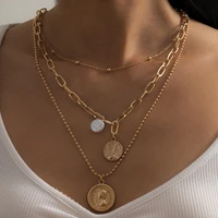 boho goth baroque pearl coin portrait pendant necklace for women vintage multi layer link chain necklace punk aesthetic jewelry