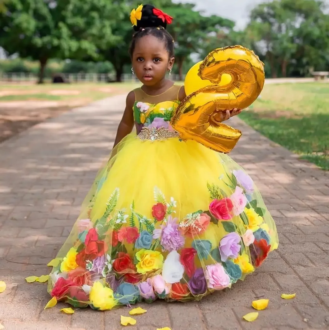 

Yellow Ball Gown Beaded Flower Girl Dresses For Wedding Sheer Jewel Neck 3D Appliqued Pageant Gowns Tulle First Communion Dress