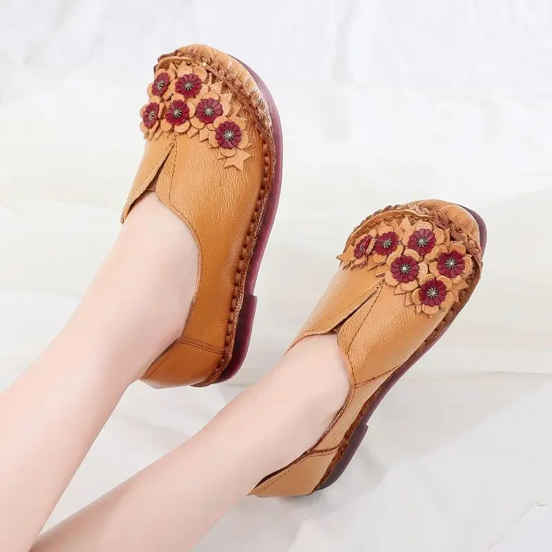 Top Quality Real Leather Shoes Women's Ballet Flats Floral Moccasins Ladies Vintage Luxury Loafer Waterproof Wide Fit Chic Shoes