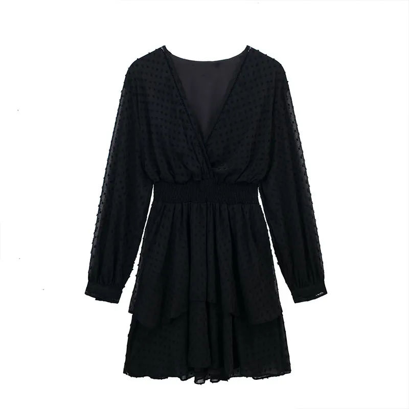 

ZATRHMBM Women 2022 Autumn Fashion Black Tulle Mini Dress Vintage V-Neck Long Sleeve Female Dresses Vestidos Mujer