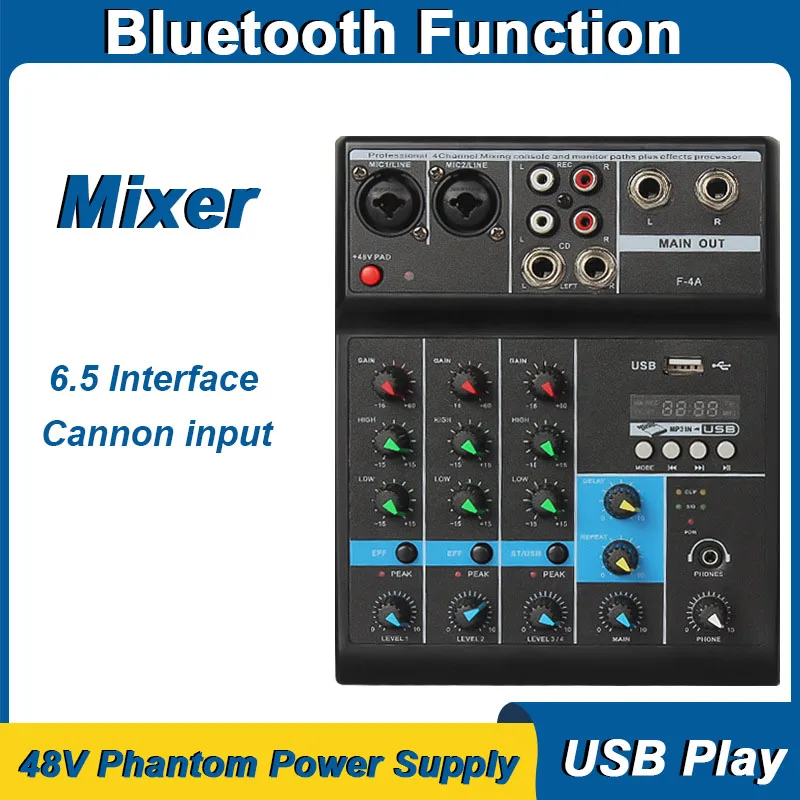 

Компактный 4-канальный звуковой микшер, профессиональная портативная аудиоконсоль с Bluetooth и USB, для выступлений, пения в реальном времени, записи, компьютера, Ph
