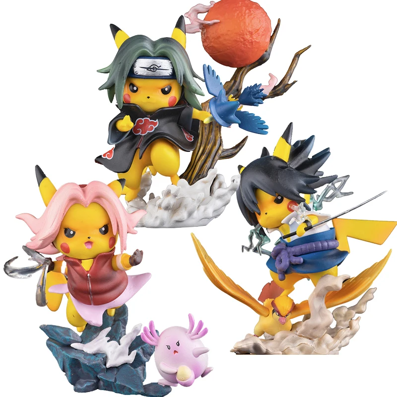 Pokémon X Naruto Anime Figure Pikachu Cosplay Uchiha Sasuke Uchiha Itachi Haruno Sakura Kawaii Figurine Toys Collection Statue