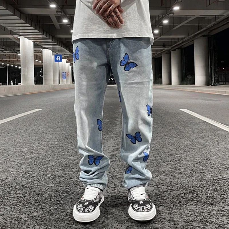 Vintage Butterfly Print Jeans for Men Loose Baggy Jeans Casual Denim Pants Streetwear Straight Fashion Long Trousers Clothing