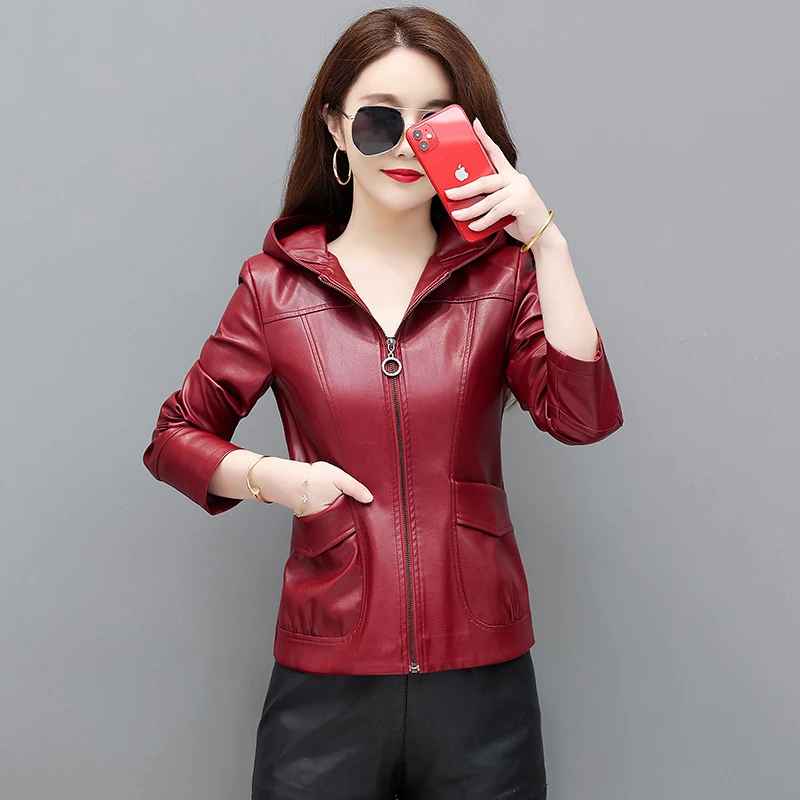 Women's Faux Leather Jacket Zip Up Moto Biker Short Coat Jacket Casual Slim Lightweight Pleather Outwear Lady  Jacket Plain Side