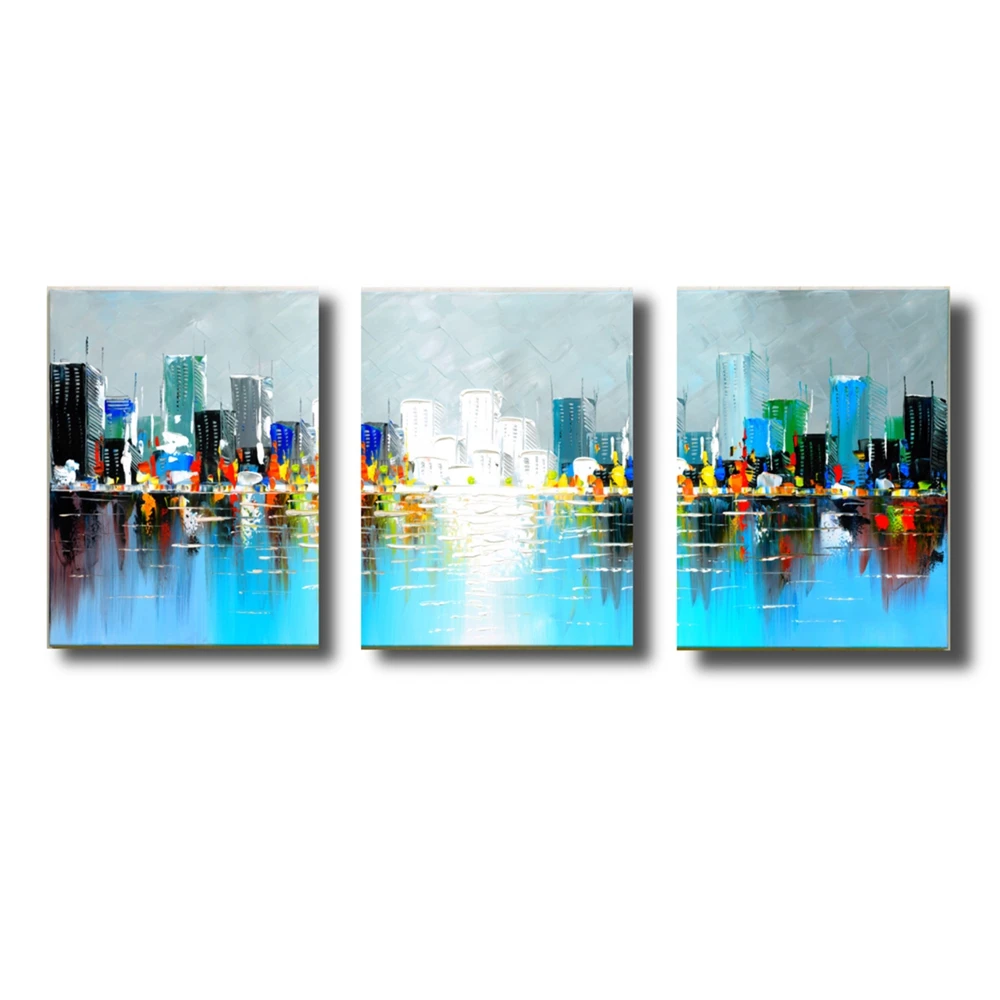 

Hand-Painted Framed 3 Parts Decorative Paintings Abstract Canvas City Oil Painting For Minimalist Living Room And Bedroom