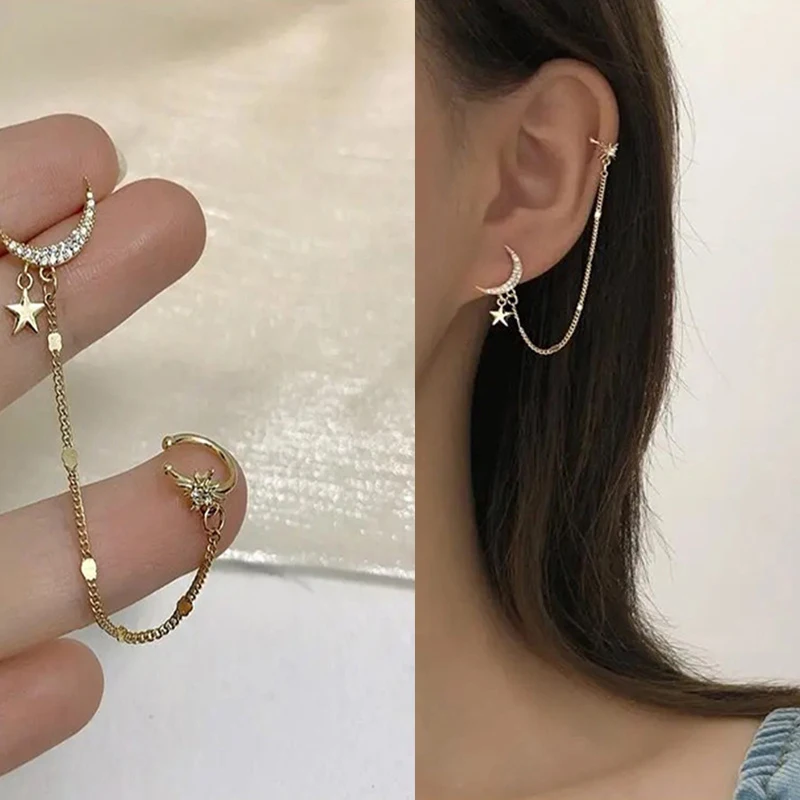 

1PC 2022 New Fashion Gold Color Moon Star Clip Earrings For Women Simple Fake Cartilage Long Tassel Ear Cuff Girl Jewelry Gifts