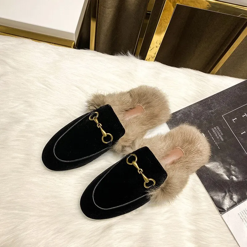Slippers for Women 2023 Buckle New Fashion Muller Shoes Velvet Fur Warm Winter And Spring Female Size 34-43 Quality Leather