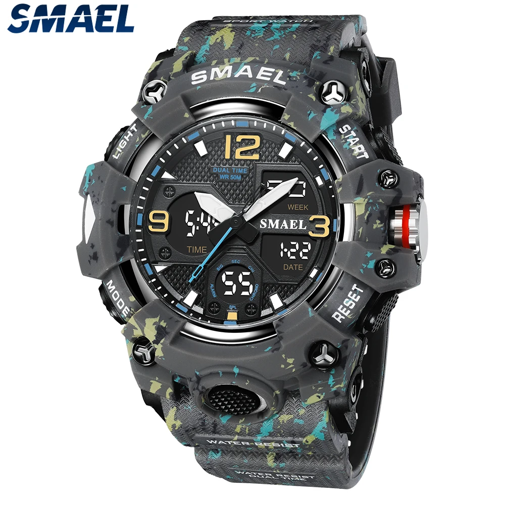 SMAEL Men Watches 50M Waterproof Clock 8008 Camouflage Dual Display Wristwatch Quartz Military Watch Sport New Mens reloj hombre