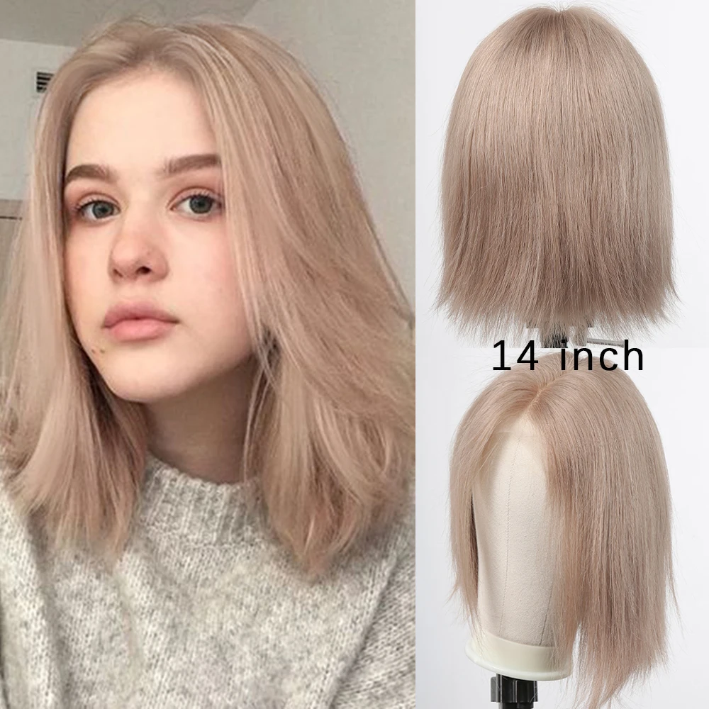 Champagne Blonde Bob Human Hair Lace Front Wig T-Part Light Brown Shoulder Long Straight Wigs for Women Remy Hair Middle Part