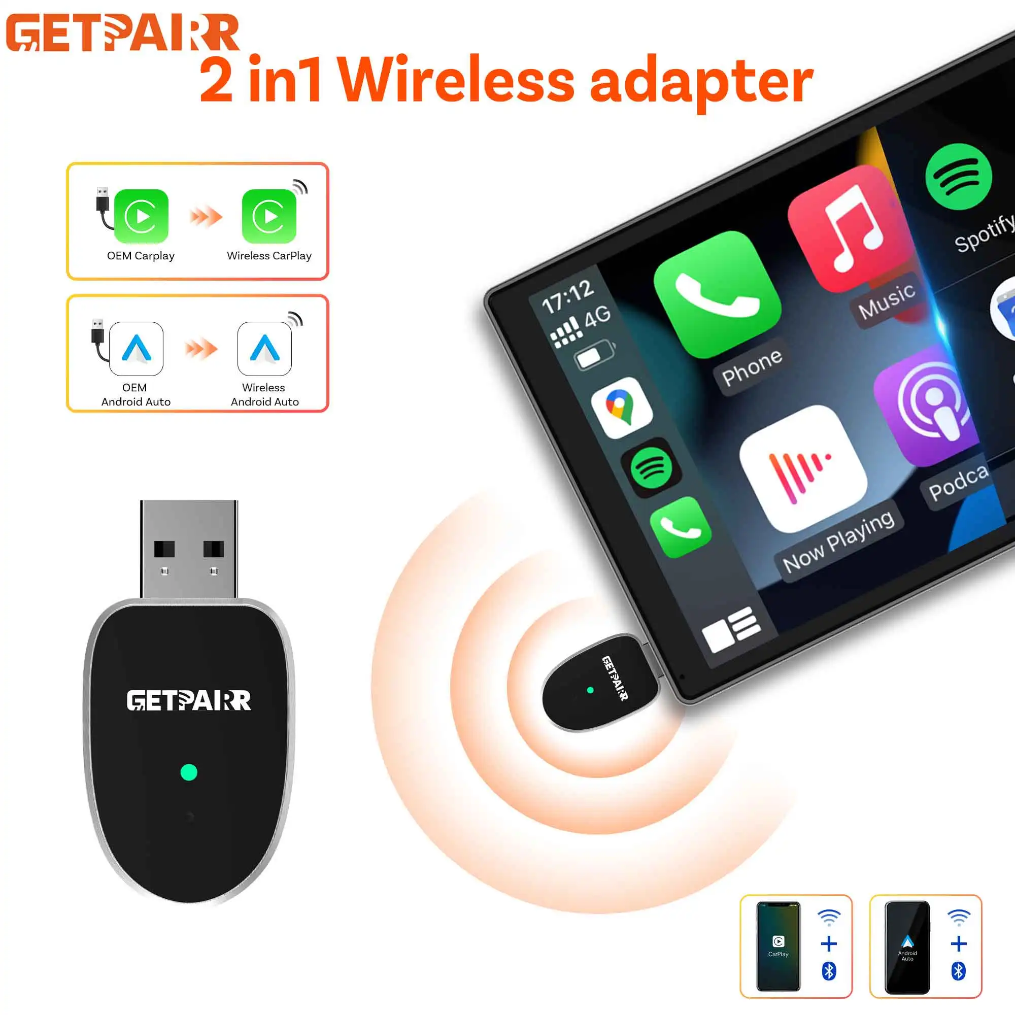 Фото Мини-адаптер GetPairr USB-ключ, проводной к беспроводному CarPlay Android Auto 2 в 1, автомобильные аксессуары для Chevrolet Ford Toyota VW Benz №1