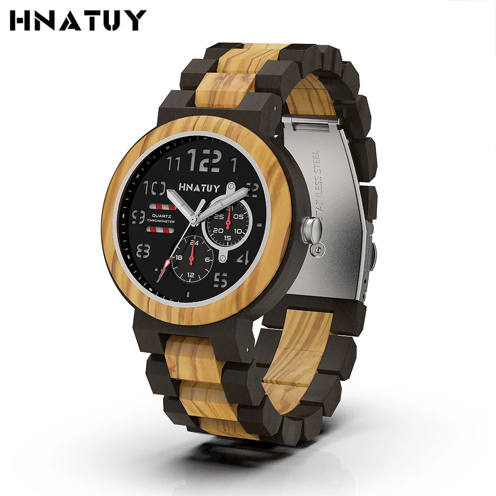 HNATUY Wooden Watch relogio masculino Fashion & Casual Men Wristwatch Top Brand Quartz Watches Luxuri Timepiece Man Clock Gift