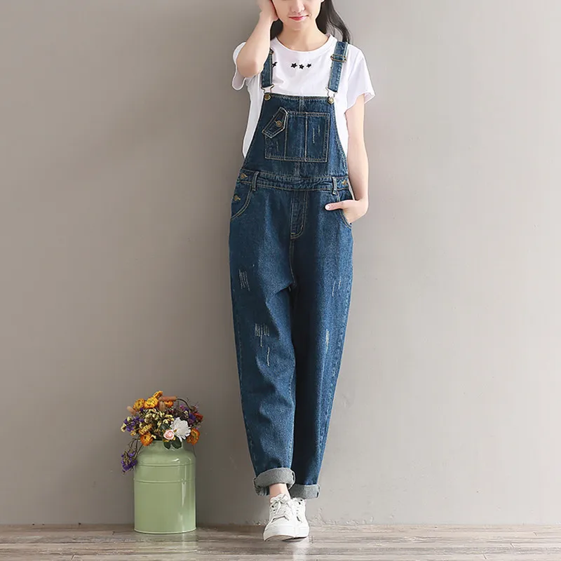 Denim Women Overalls High Waist 2020 Spring Casual Straight Ripped Jeans With Pockets Loose Jumpsuits and Rompers for women