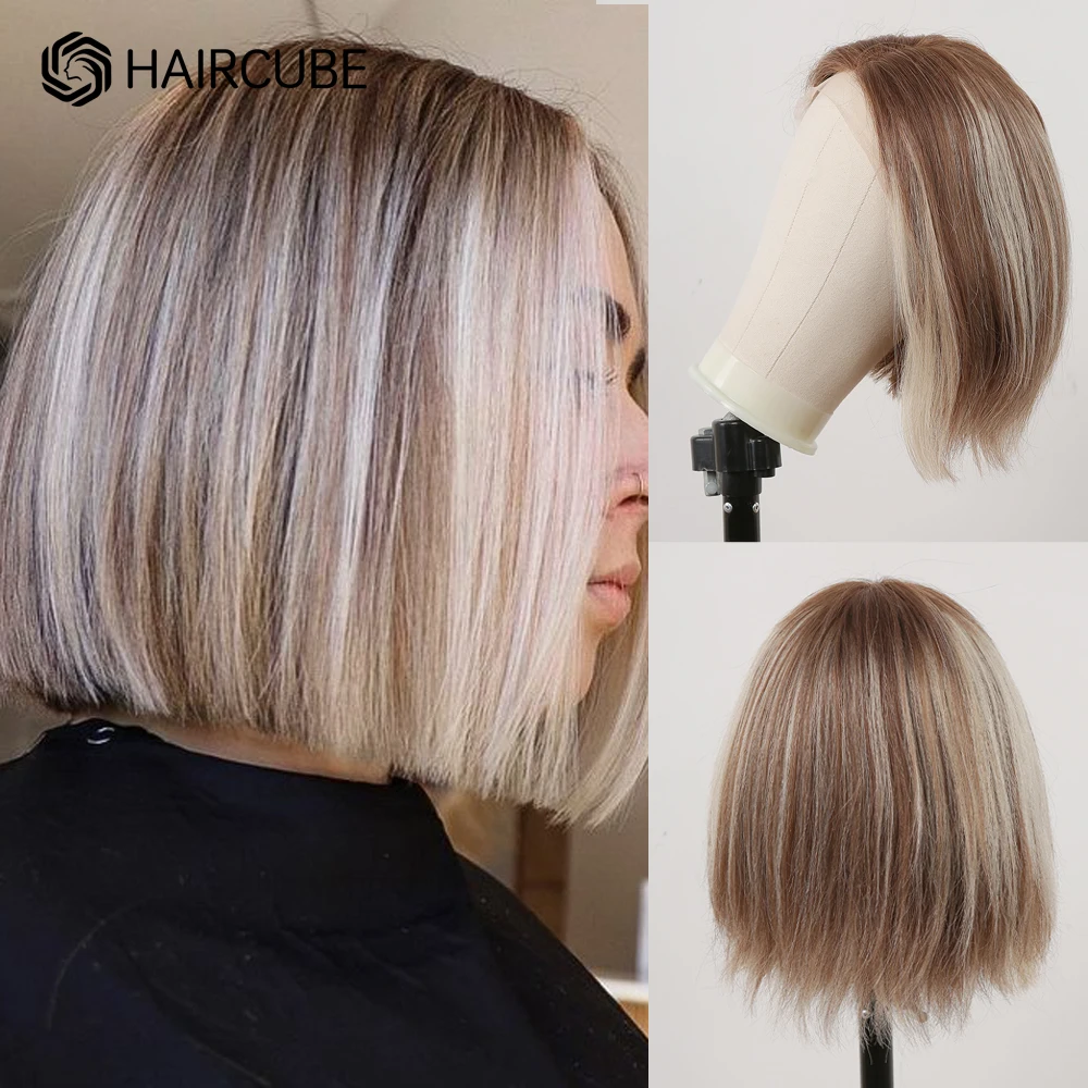 Short Bob Lace Front Wigs Straight Blonde Human Hair with Brown Highlights Natural Hair 13x1 Lace Frontal Wigs for White Women